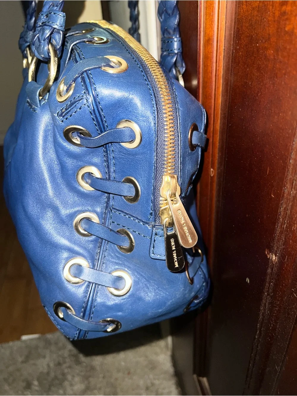 Michael Kors Blue Leather Satchel Handbag with Braided Handles and Tassels
